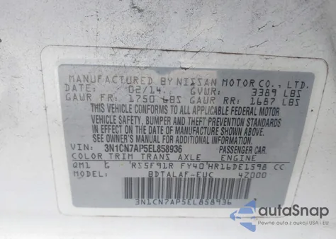 2014 Nissan Versa 1.6 S из США, поврежденный, VIN 3N1CN7AP5EL858936